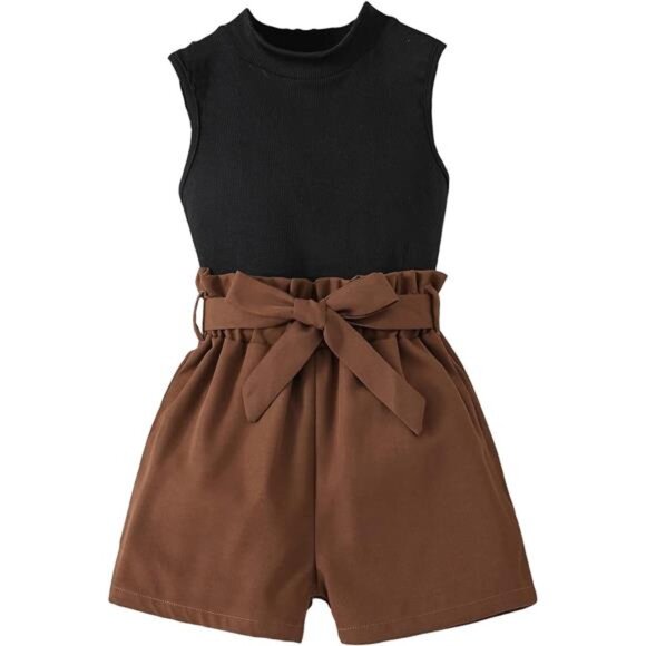 Girls 2 Piece Outfit Ruffle Trim Tee Top with Paperbag Waist Shorts Set - Picture 1 of 7